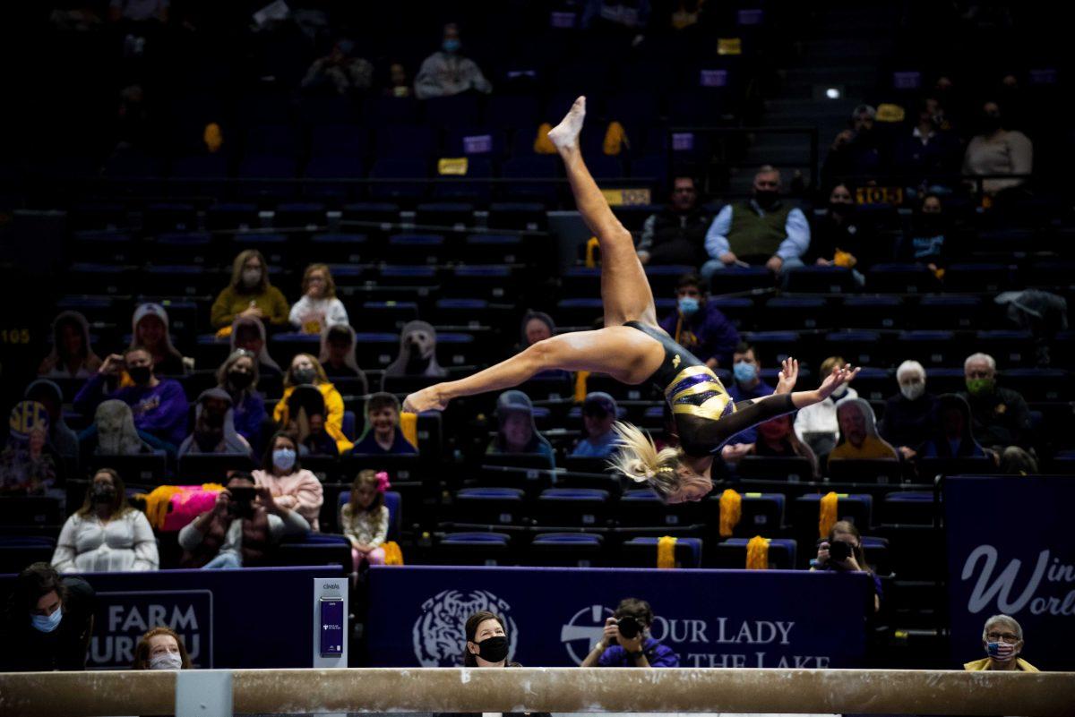 LSU senior Sami Durante performs balance beam on Friday, Jan. 8, 2021 during the LSU vs. AR Gymnastics Meet in the Pete Maravich Assembly Center on N Stadium Dr.