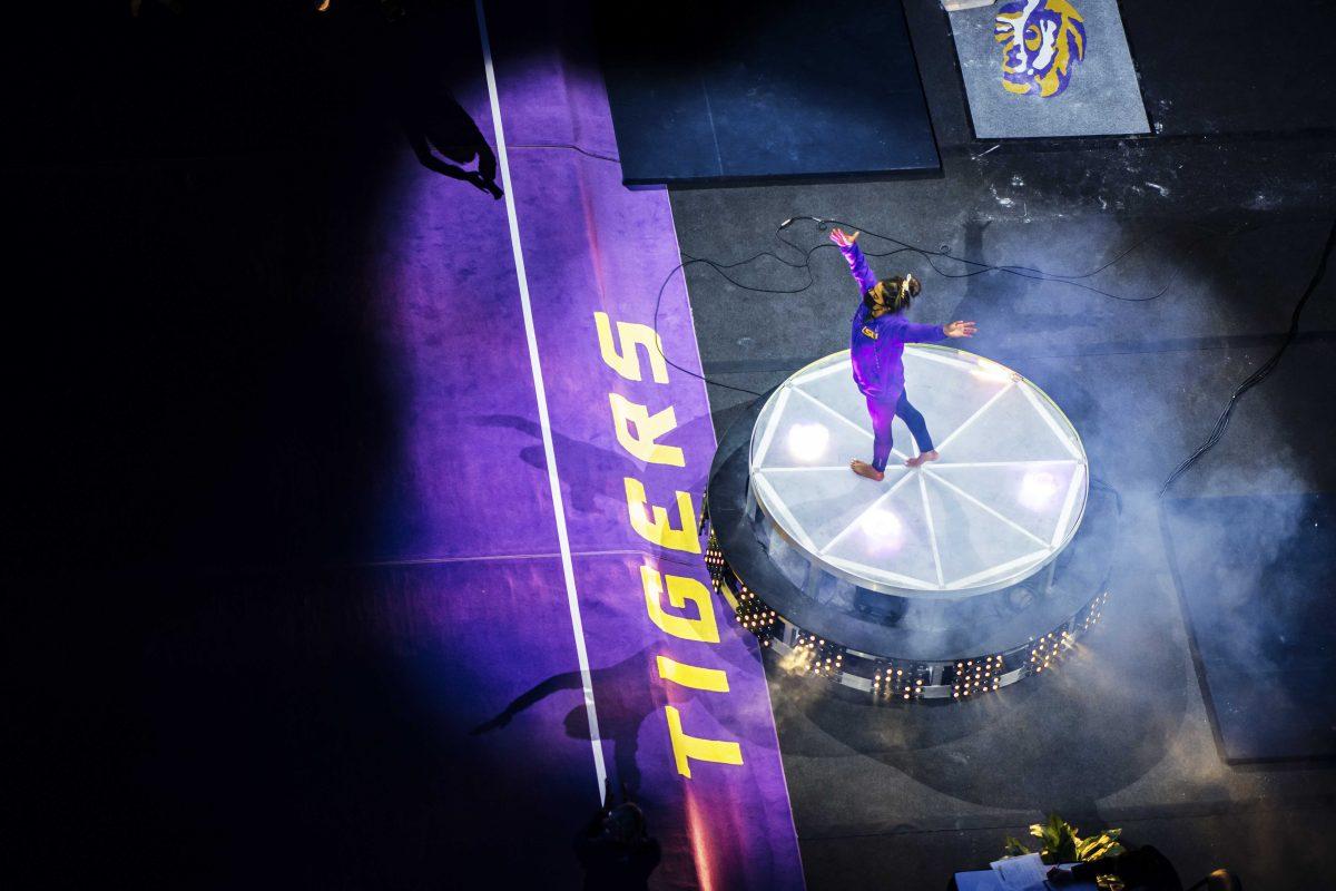 LSU gymnastics junior balance beam Rebecca D'antonio waves to the crowd Friday, Jan. 8, 2021 before No. 3 LSU gymnastics' 196.550-196.350 win against No. 15 Arkansas in the Pete Maravich Assembly Center on N Stadium Drive in Baton Rouge, La.