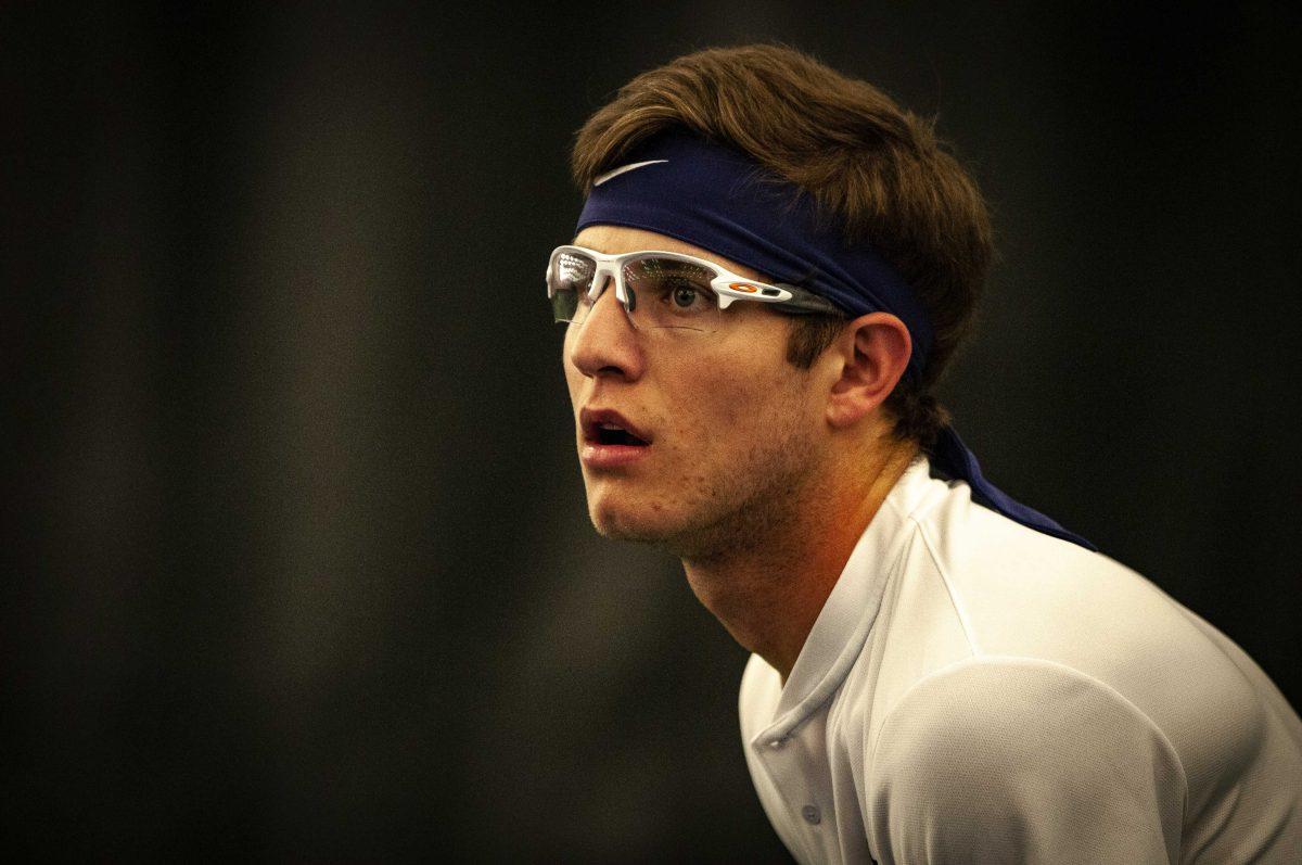 LSU men's tennis sophomore Nick Watson gets ready to serve on Saturday, Jan. 23, 2021 during LSU's 5-2 win against UTSA in the LSU Tennis Complex on Gourrier Avenue in Baton Rouge, La.