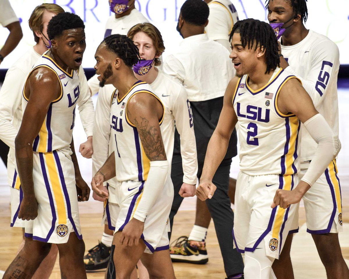 LSU men's basketball team celebrates after Javonte Smart makes a 3-pointer in the second half Saturday, Jan. 30, 2021 before LSU's 76-71 loss against Texas Tech at the Pete Maravich Assembly Center on N Stadium Drive in Baton Rouge, La.&#160;