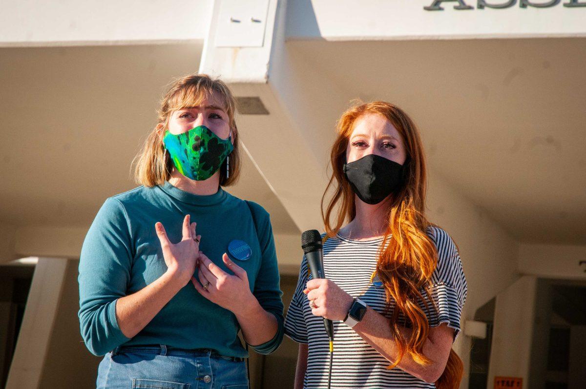 LSU Students Elisabeth Andries and Samantha Brennan publicly speak at the protest following their appearance on USAToday on Friday, Nov. 20 at Pete Maravich Assembly Center on N Stadium Dr.