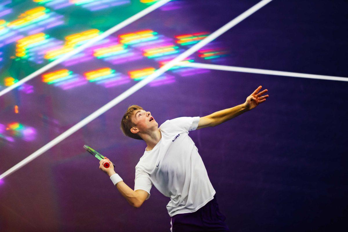 LSU men's tennis freshman Tom Pisane gets ready to serve the ball Sunday, Jan. 17, 2021 during LSU's 7-0 win against Alcorn State in the LSU Tennis Complex on Gourrier Avenue in Baton Rouge, La.