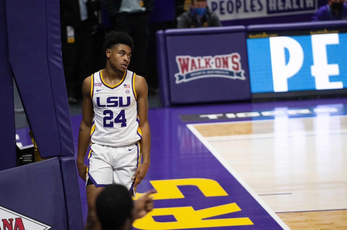 LSU freshman guard Cameron Thomas (24) draws the foul Saturday, Jan. 16, 2021 during LSU's 85-80 win over South Carolina in the Pete Maravich Assembly Center on N Stadium Drive in Baton Rouge.