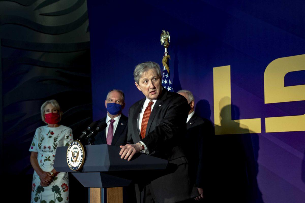 Louisiana Senator John Kennedy speaks about coronavirus on Tuesday, July 14, 2020 during the press conference with Vice President Mike Pence and other local officials at Tiger Stadium.