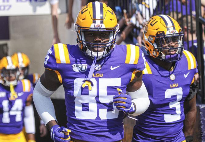 LSU freshman tight end Ray Parker (85) prepares to play against Utah State at Tiger Stadium on Saturday, Oct. 5, 2019.