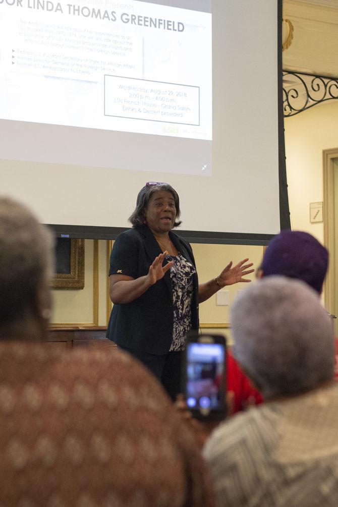 Former U.S. Ambassador Linda Thomas-Greenfield speaks to students about her experiences in the French House on Wednesday, Aug. 29, 2018.