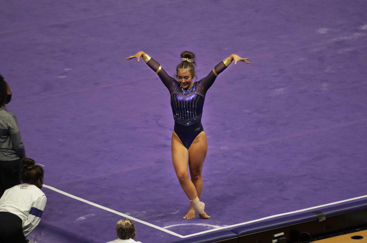 LSU gymnastics senior Christina Desiderio poses during her floor routine Friday, Jan. 23, 2021 during the Tiger&#8217;s 197.200-196.375 win against Georgia in the Pete Maravich Assembly Center.