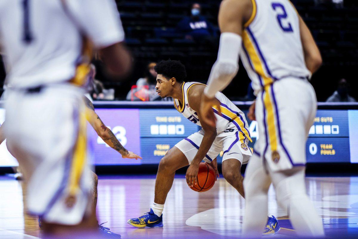 LSU men's basketball freshman guard Cameron Thomas (24) moves around the court Sunday, Dec. 6, 2020 during LSU's 86-55 win over LA Tech in the Pete Maravich Assembly Center on N Stadium Drive in Baton Rouge, La.