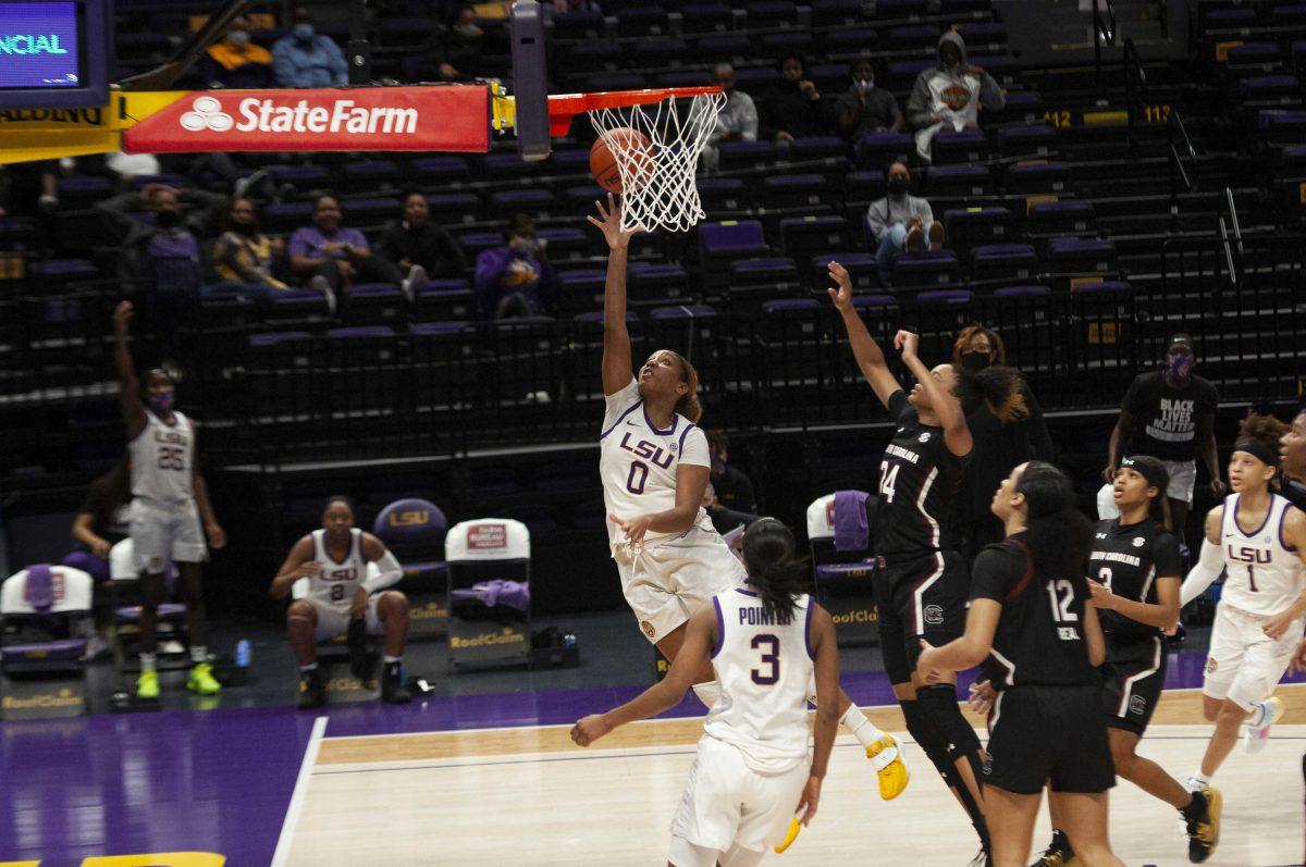 LSU women&#8217;s basketball senior forward Awa Trasi (0) lays up the ball Sunday, Jan. 24, 2021 during LSU&#8217;s 65-69 loss against South Carolina in the Pete Maravich Assembly Center on N Stadium Dr.