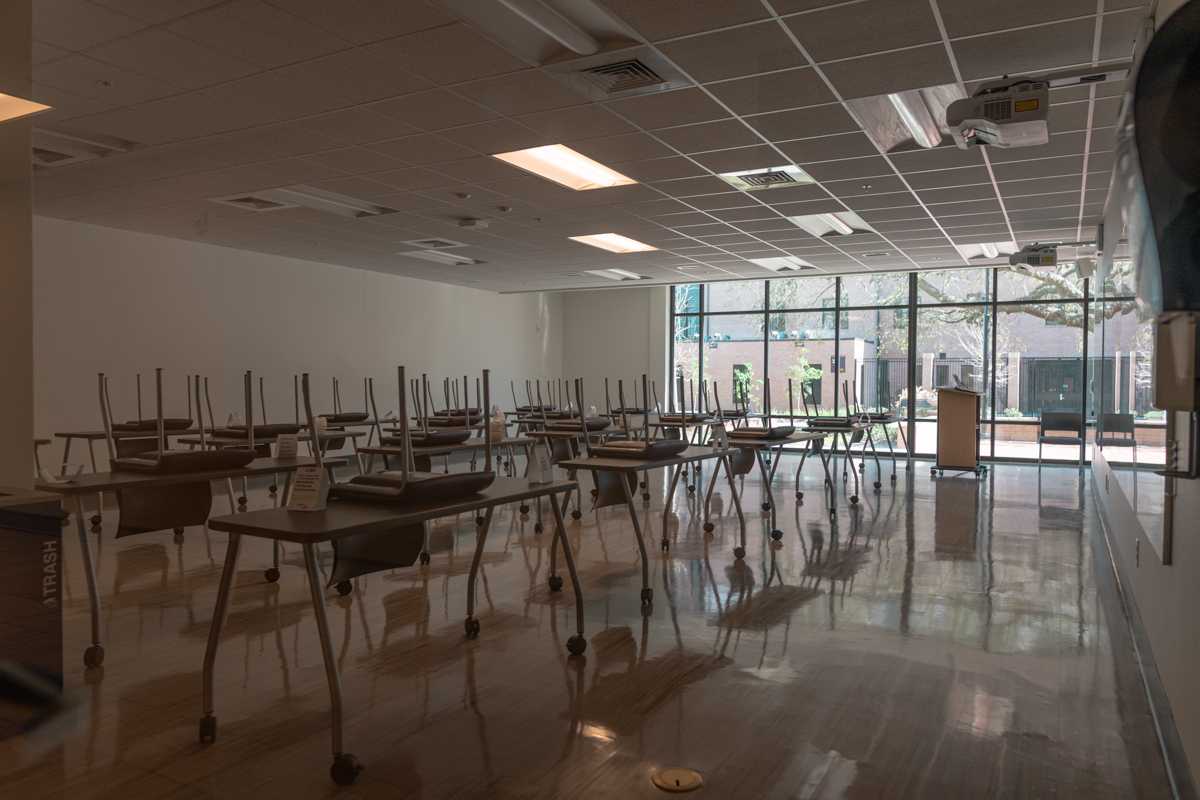 A classroom sits empty on Jan. 15, 2021 inside Cedar Hall.