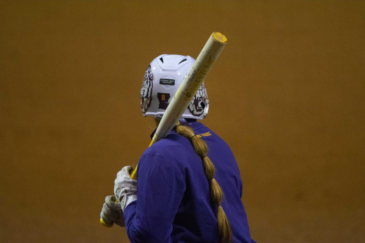 LSU sophomore outfielder Savannah Stweart (8) waits for the pitch during the Tigers' 8-4 loss against Duke on Friday, Feb. 12, 2021, at Tiger Park.