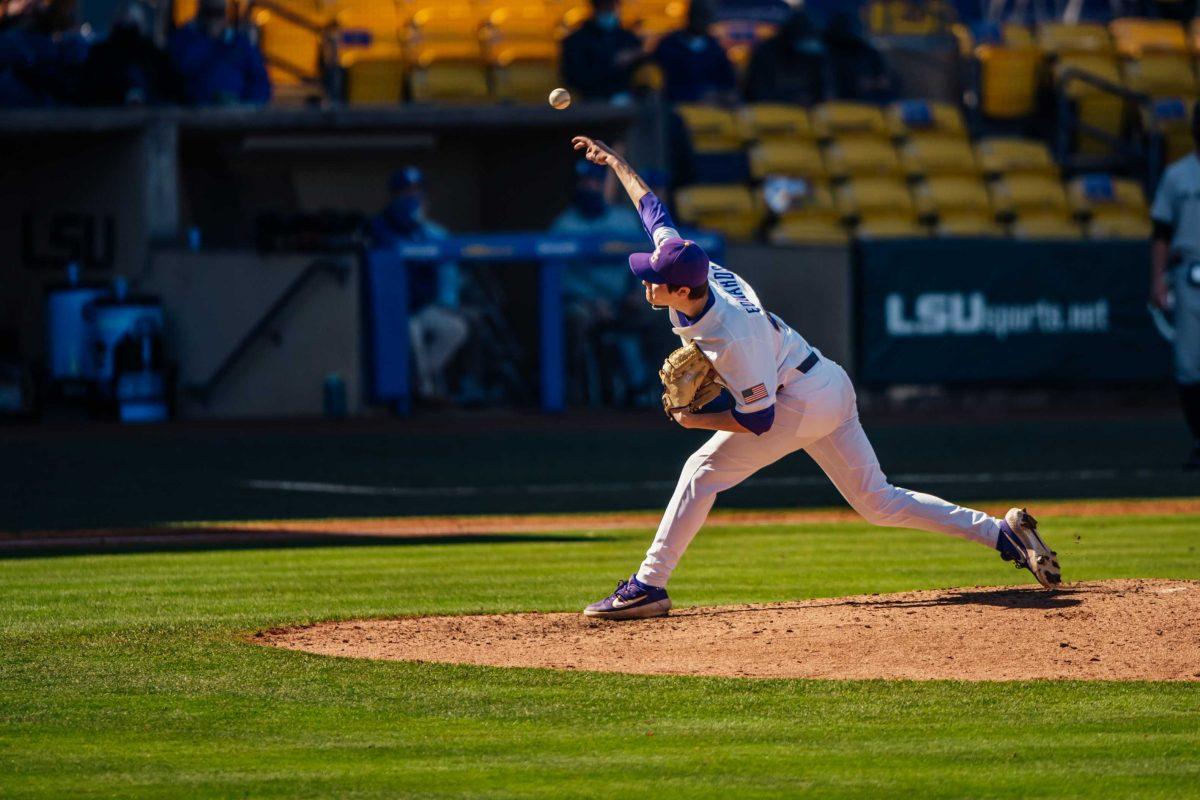 LSU baseball freshman right-handed pitcher Garrett Edwards (43) pitches Saturday, Feb. 20, 2021 during LSU's 6-1 win over Air Force at Alex Box Stadium on Gourrier Avenue in Baton Rouge, La.