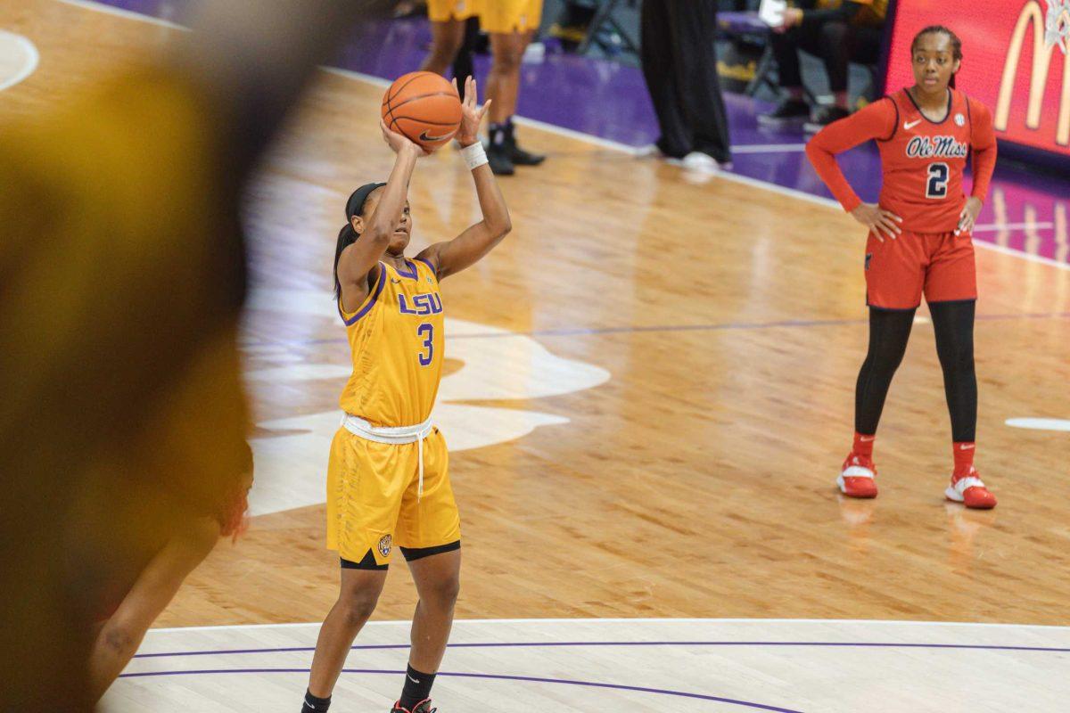 LSU women&#8217;s basketball senior guard Khayla Pointer (3) shoots a free throw on Jan. 31, 2021 during LSU&#8217;s 75-66 win against Ole Miss in the Pete Maravich Assembly Center on N Stadium Dr.