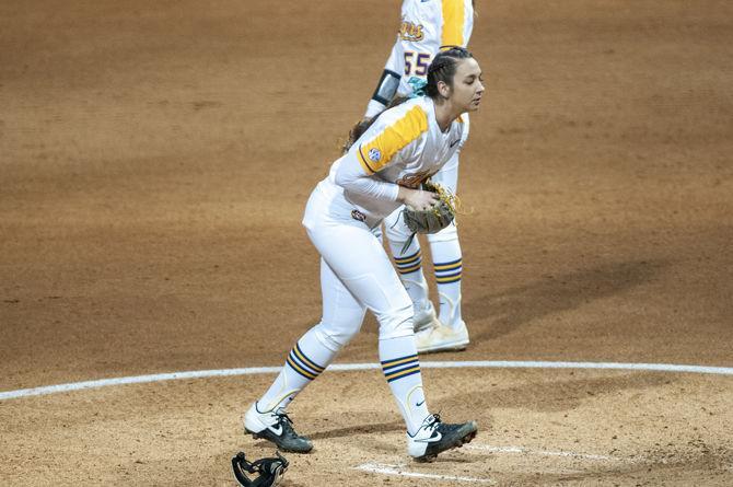 <p>LSU junior pitcher Shelbi Sunseri (27) pitches the ball during the Tigers' 3-2 win against the Central Arkansas Bears on Thursday, Feb 6, 2020, at Tiger Park.</p>