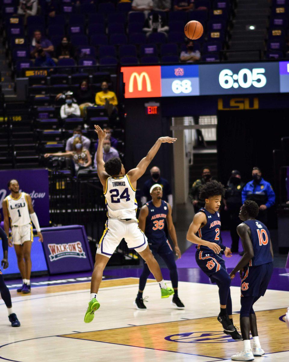 LSU men's basketball freshman guard Cameron Thomas (24) shoots a mid-range jump shot Saturday, Feb. 20, 2021 during LSU's 104-80 win against Auburn at the Pete Maravich Assembly Center on N Stadium Drive in Baton Rouge, La.