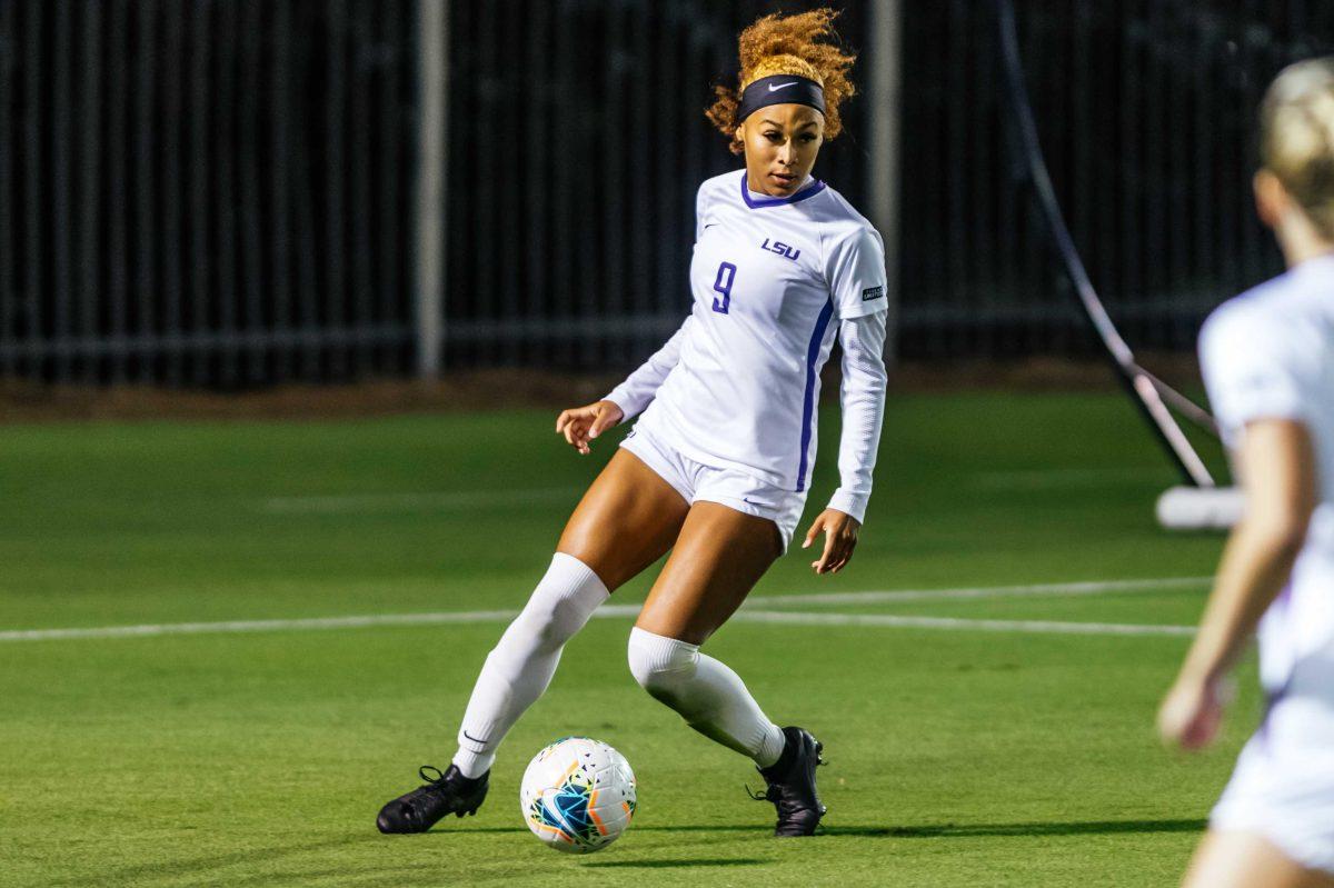 LSU soccer sophomore defender Maya Gordan (9) runs the ball Friday, Oct. 30, 2020 during LSU's 0-2 loss to Vanderbilt at the LSU Soccer Stadium on W Lakeshore Drive.