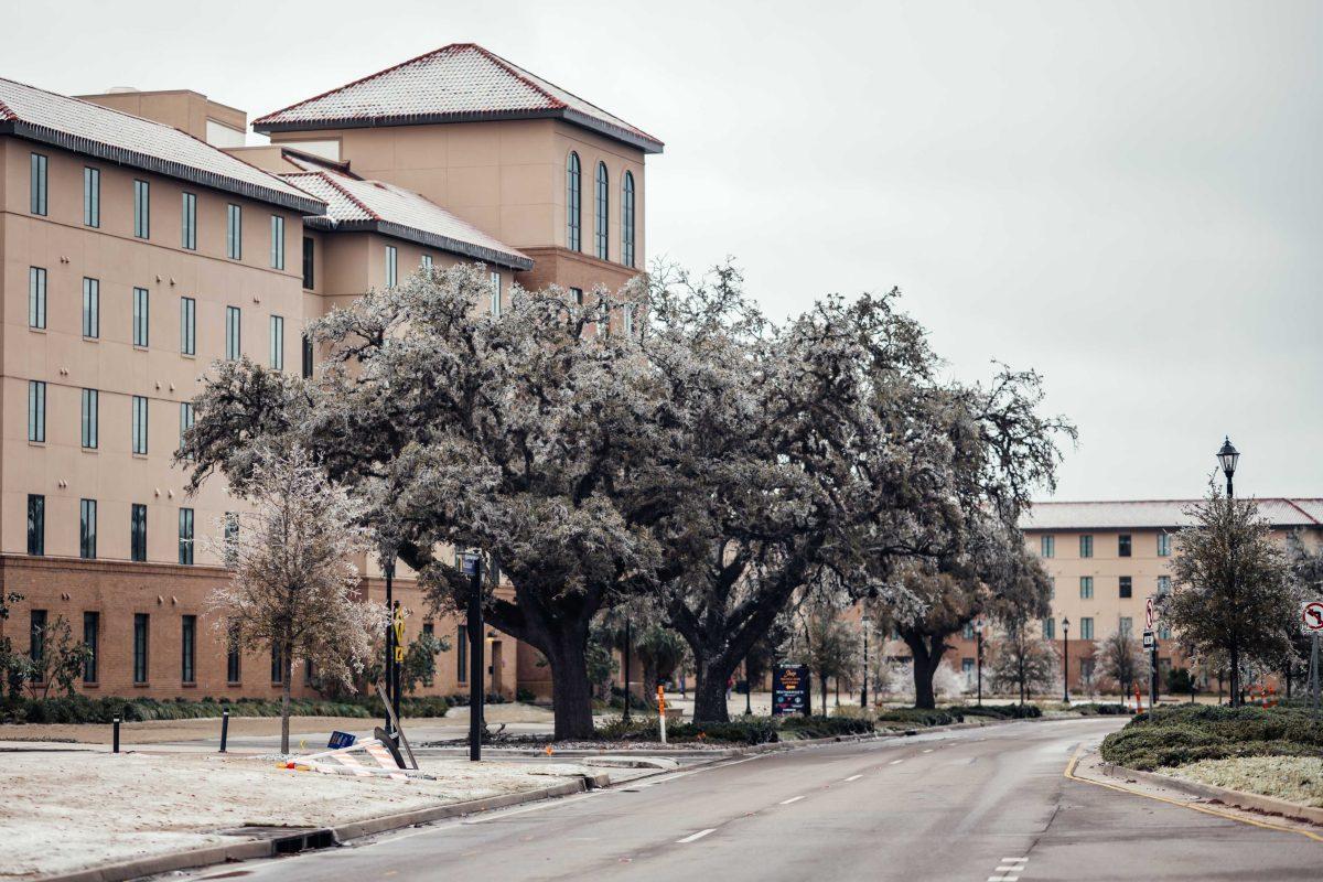 LSU Nicholson Gateway apartments sits Monday, Feb. 15, 2021 during the winter weather mix on Nicholson Drive in Baton Rouge, La.