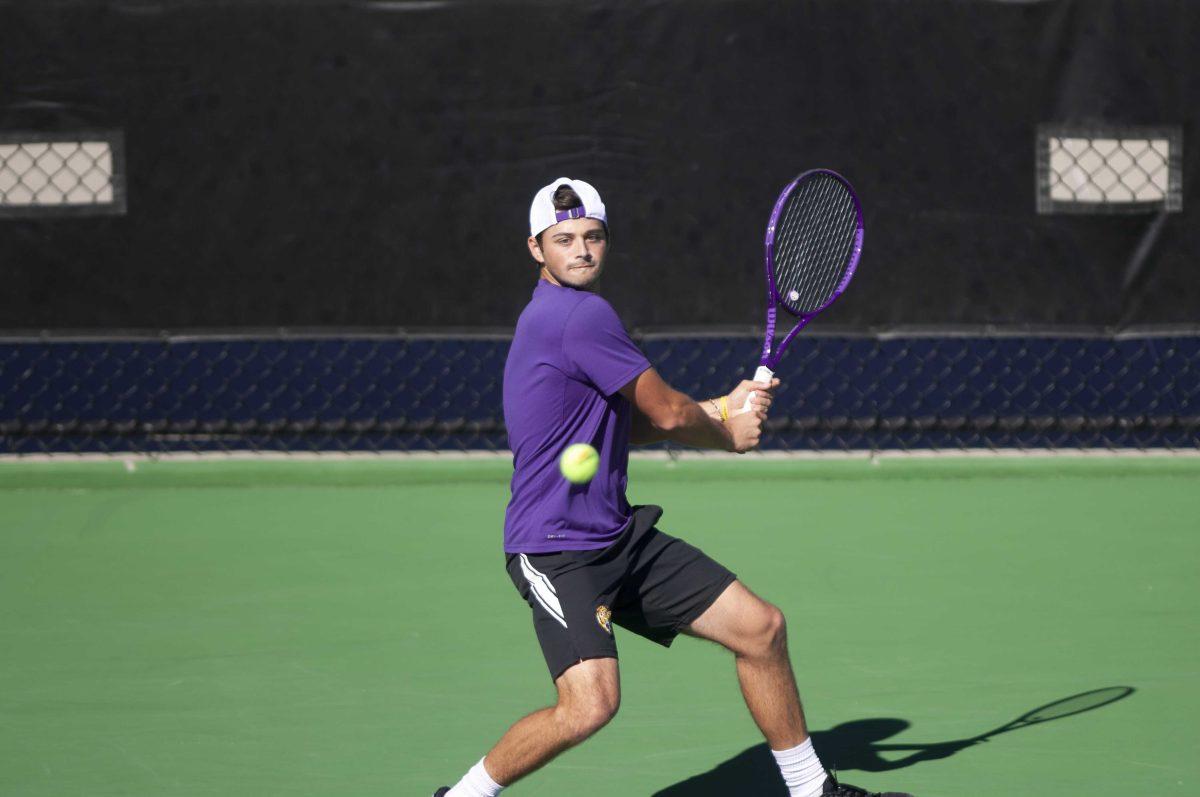 LSU men&#8217;s tennis redshirt freshman Ronald Hohmann keeps his eye on the ball Sunday, Feb. 7, 2021 during LSU&#8217;s 2-5 loss against Tulane in the LSU Tennis Complex on Gourrier Avenue in Baton Rouge.