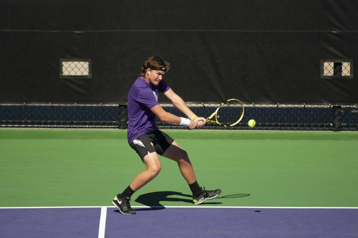 LSU men&#8217;s tennis redshirt sophomore Boris Kozlov hits the ball Sunday, Feb. 7, 2021 during LSU&#8217;s 2-5 loss against Tulane in the LSU Tennis Complex on Gourrier Avenue in Baton Rouge.