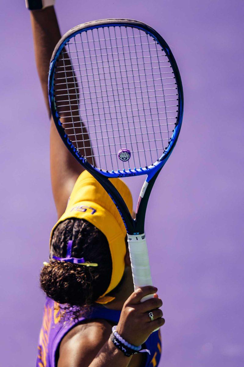 LSU women's tennis senior Paris Corley gets ready to serve Sunday, Jan. 31, 2021 during LSU's 4-0 win over Rice at the LSU Tennis Complex on Gourrier Avenue in Baton Rouge, La.