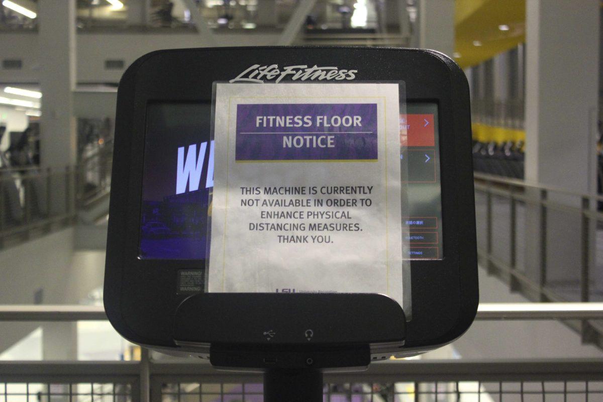 Workout machines sit Saturday Nov. 14, 2020 to promote social distancing at the LSU University Recreation Center.