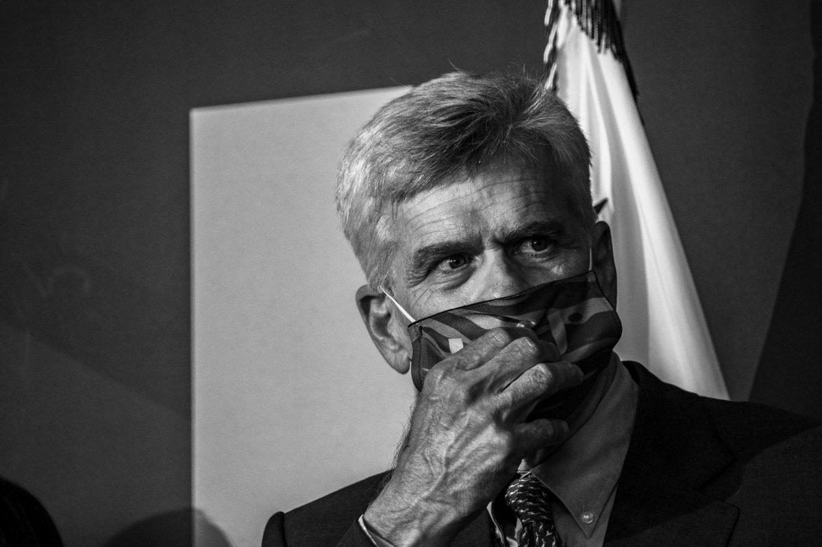 Louisiana Senator Bill Cassidy listens to Vice President Mike Pence speak about coronavirus on Tuesday, July 14, 2020 during his press conference with local officials at Tiger Stadium.