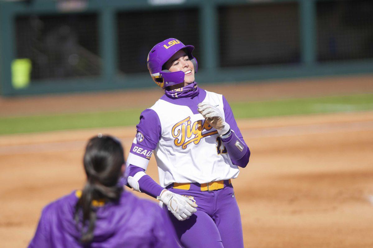 LSU softball freshman infielder Taylor Pleasants (17) smiles after fouling off the ball Tuesday, Feb. 23, 2021 during LSU's 3-0 win over Central Arkansas at Tiger Park on Skip Bertman Drive in Baton Rouge.