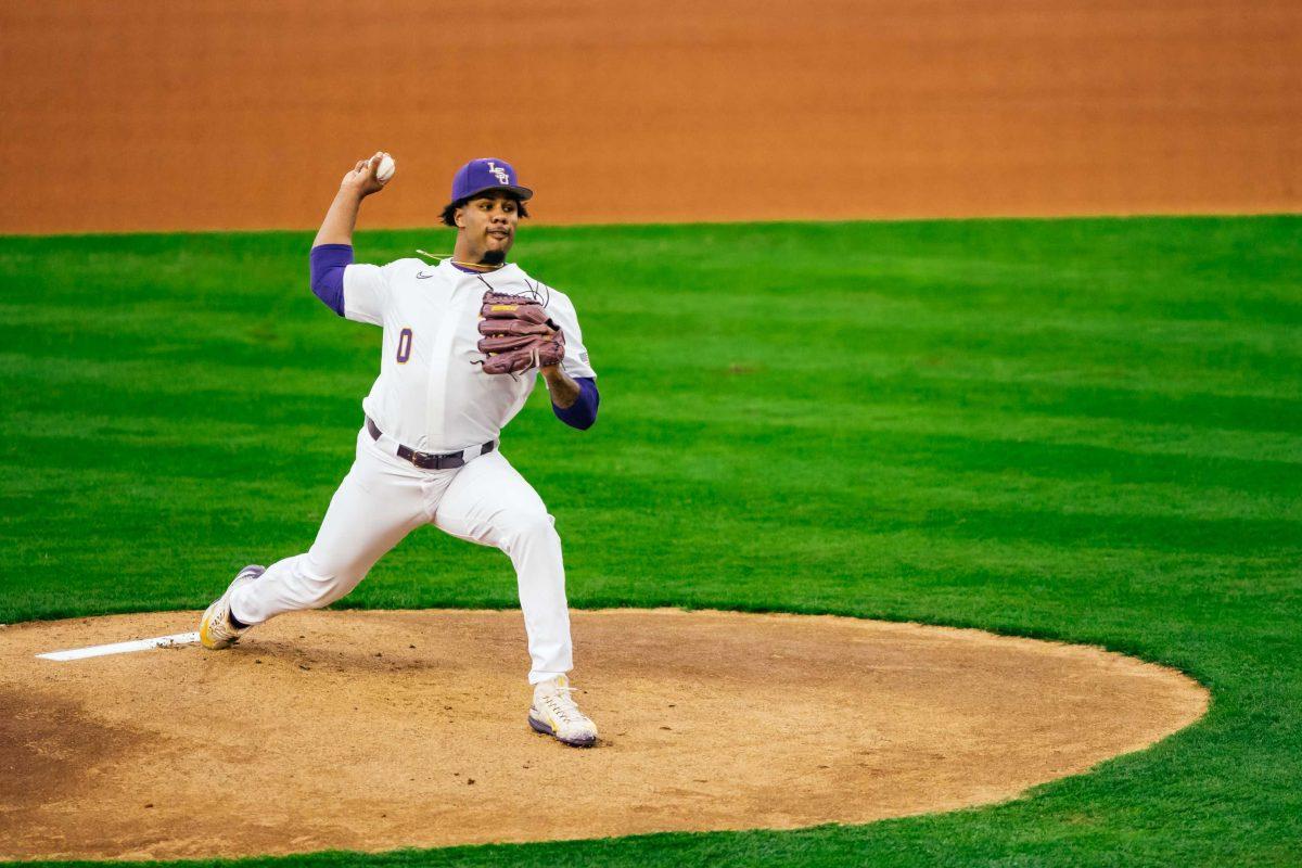 LSU baseball junior right-handed pitcher Jaden Hill (0) pitches Friday, Jan. 29, 2021 during baseball white vs. gold media day at Alex Box Stadium on Gourrier Avenue in Baton Rouge, La.