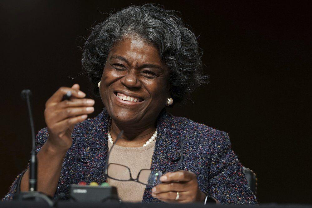 United States Ambassador to the United Nations nominee Linda Thomas-Greenfield smiles as she testifies during for her confirmation hearing before the Senate Foreign Relations Committee on Capitol Hill, Wednesday, Jan. 27, 2021, in Washington. (Greg Nash/Pool via AP)