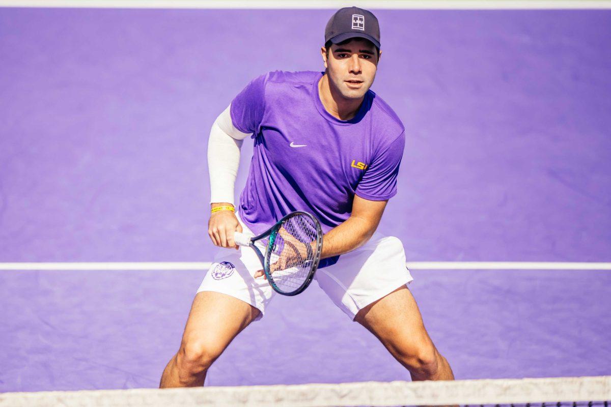 LSU men's tennis senior Rafael Wagner keeps his eyes on the ball Sunday, Jan. 31, 2021 during LSU's 4-1 win over Rice at the LSU Tennis Complex on Gourrier Avenue in Baton Rouge, La.