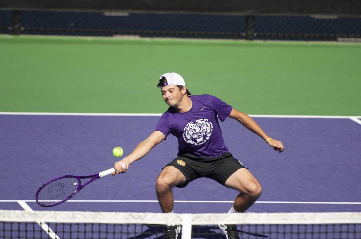 LSU men&#8217;s tennis redshirt freshman Ronald Hohmann hits the ball Sunday, Feb. 7, 2021 during LSU&#8217;s 2-5 loss against Tulane in the LSU Tennis Complex on Gourrier Avenue in Baton Rouge.