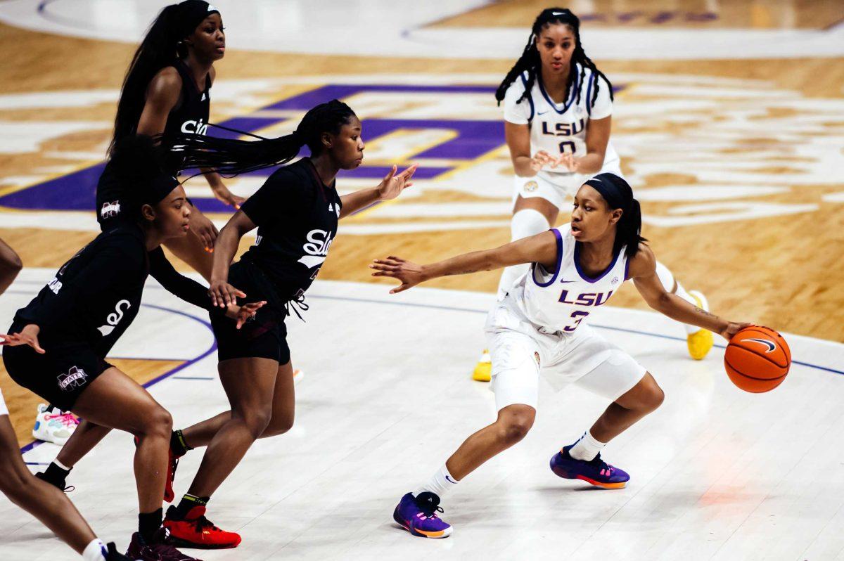 LSU women's basketball senior guard Khayla Pointer (3) looks to pass the ball Thursday, Feb. 25, 2021 during LSU's 59-68 loss to Mississippi State in the Pete Maravich Assembly Center on N. Stadium Drive in Baton Rouge, La.