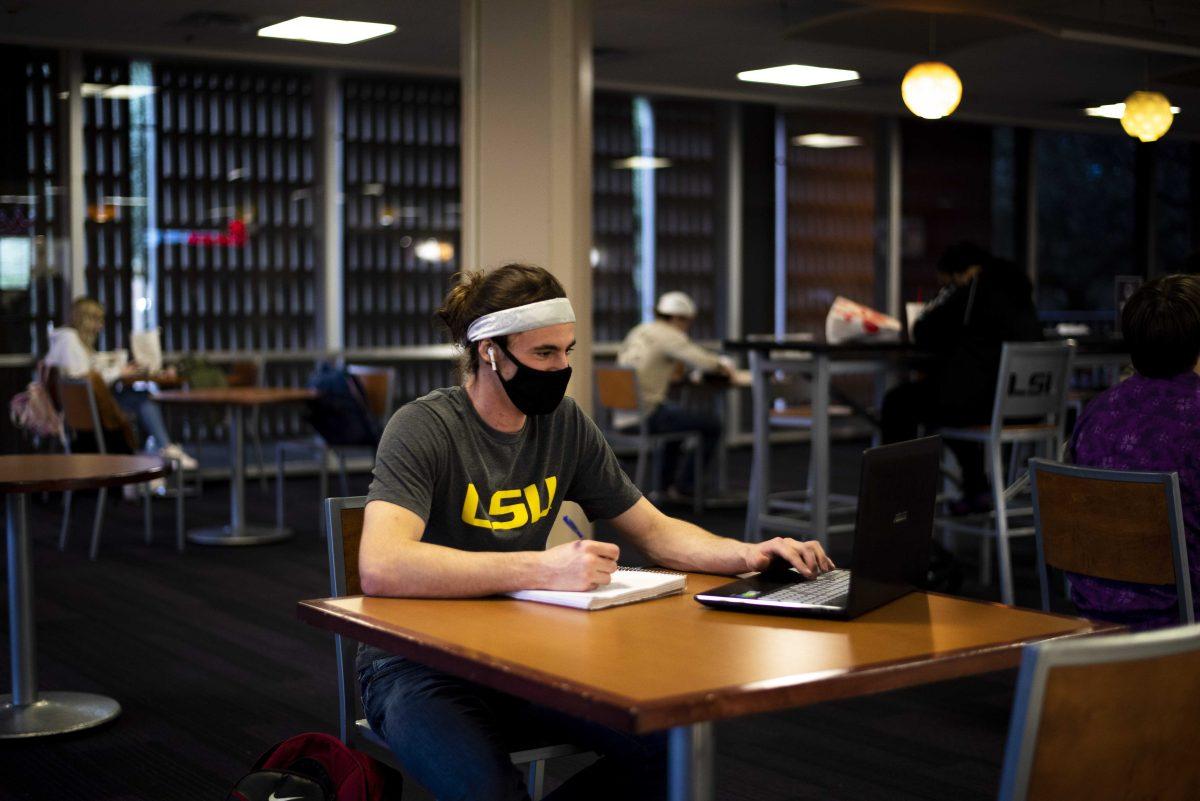 LSU business major junior Cody Harris studies on Monday, Jan. 25, 2021 in the Student Union on LSU's campus.