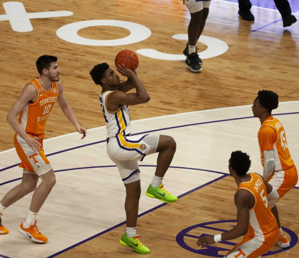 LSU men&#8217;s basketball freshman guard Cameron Thomas (24) shoots the ball Saturday, February 13, 2021 during LSU&#8217;s 78-65 win against Tennessee in the Pete Maravich Assembly Center on N Stadium Dr.