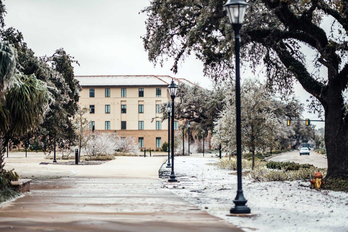 LSU Nicholson Gateway apartments sit Monday, Feb. 15, 2021 during the winter weather mix on Nicholson Drive in Baton Rouge, La.