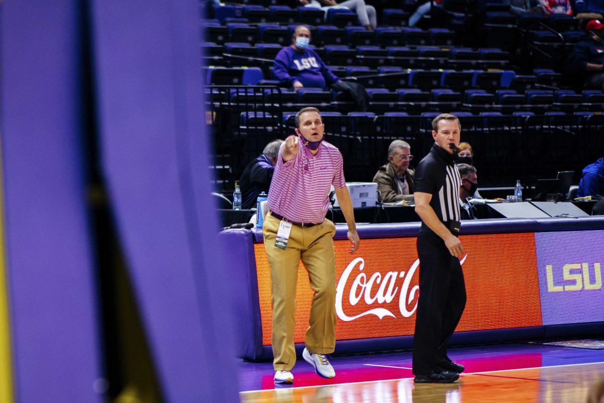 LSU men's basketball head coach Will Wade points at the goal Sunday, Dec. 6, 2020 during LSU's 86-55 win over LA Tech in the Pete Maravich Assembly Center on N Stadium Drive in Baton Rouge, La.