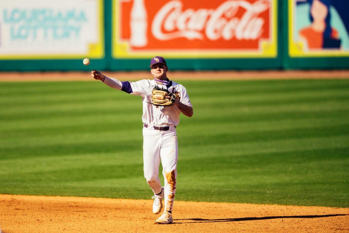 LSU baseball sophomore infielder Cade Doughty (4) throws the ball to first base Saturday, Feb. 20, 2021 during LSU's 6-1 win over Air Force at Alex Box Stadium on Gourrier Avenue in Baton Rouge, La.