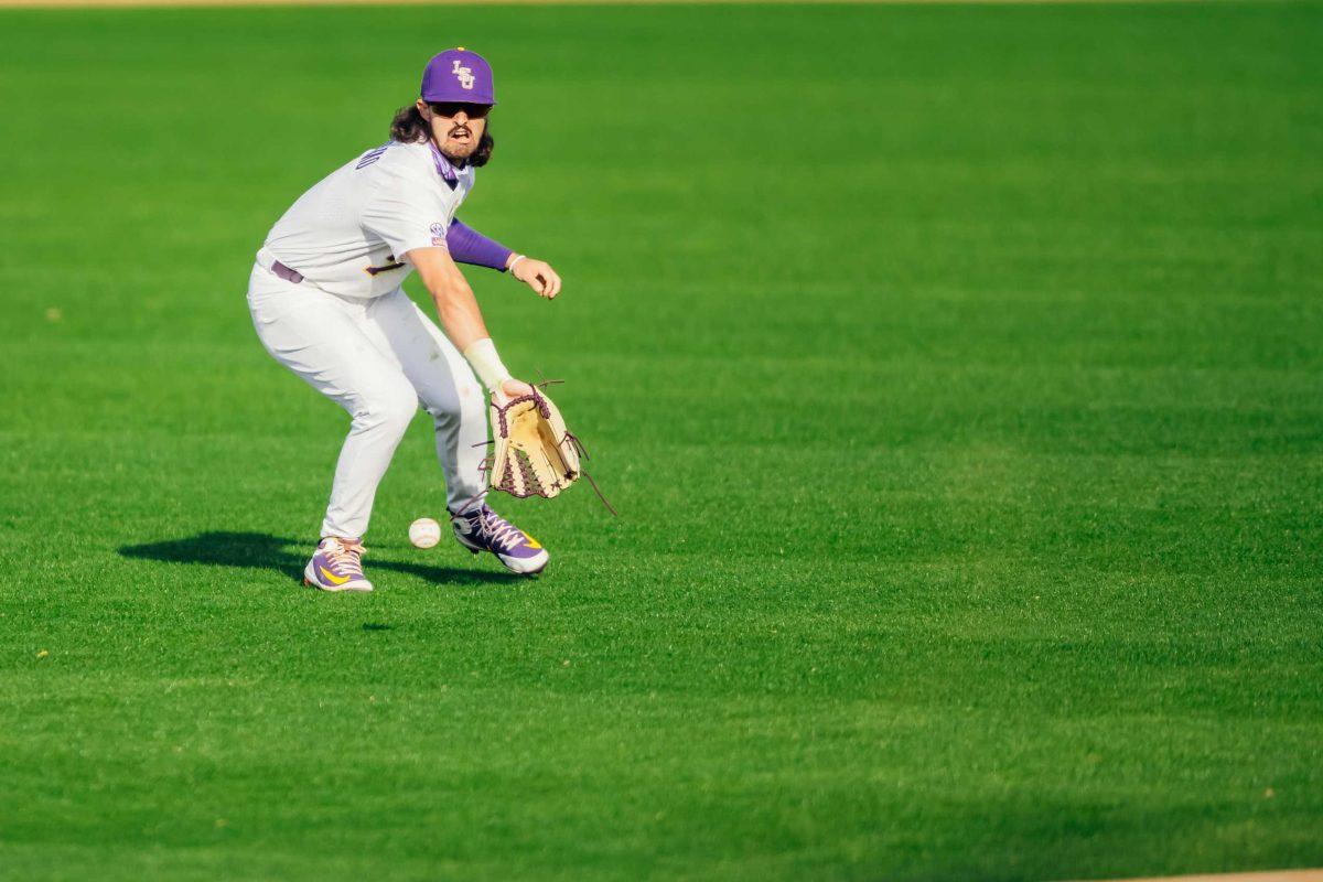 LSU baseball junior outfielder Giovanni DiGiacomo (7) gets ready to retrieve the ball Friday, Jan. 29, 2021 during baseball white vs. gold media day at Alex Box Stadium on Gourrier Avenue in Baton Rouge, La.