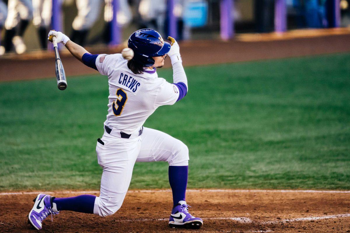 LSU baseball infielder and outfielder Dylan Crews (3) hits a foul ball Saturday, Feb. 20, 2021 during LSU's 6-1 win over Air Force at Alex Box Stadium on Gourrier Avenue in Baton Rouge, La.