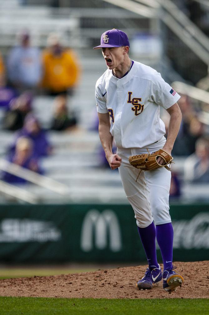 LSU senior right-hander Devin Fontenot (28) celebrates during the Tigers' 2-1 victory over Kentucky on Saturday, March 16, 2019, in Alex Box Stadium.