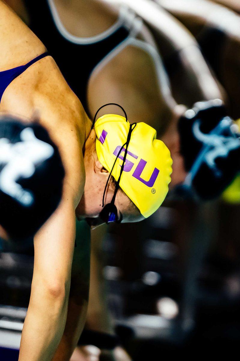 LSU swimming sophomore Katarina Milutinovich takes a breather before the 200 yard freestyle Friday, Nov. 6 during the LSU swimming and diving vs. Alabama meet where men lost 194-84 and women lost 183-117 in the LSU Natatorium on W Chimes street in Baton Rouge, La.