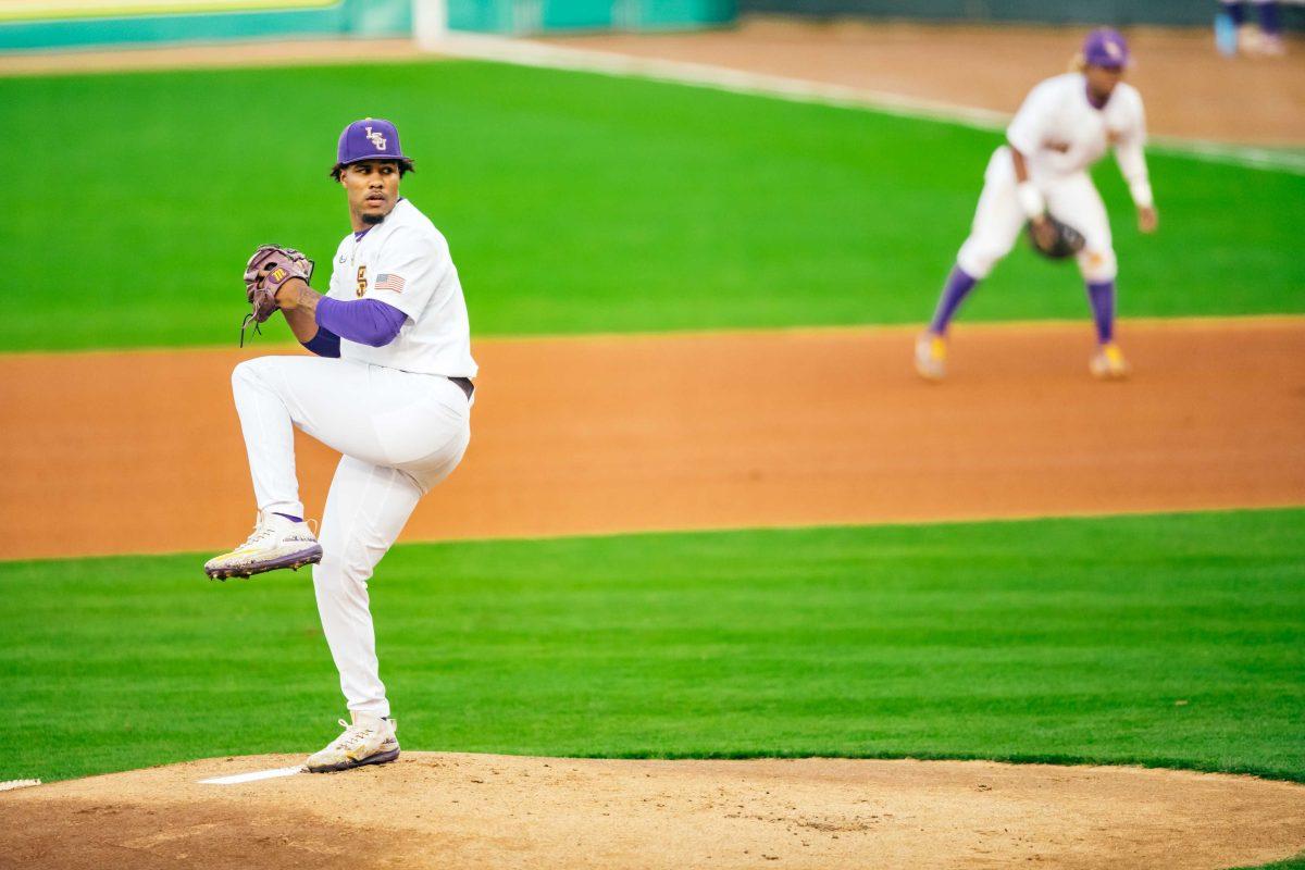 LSU baseball junior right-handed pitcher Jaden Hill (0) pitches Friday, Jan. 29, 2021 during baseball white vs. gold media day at Alex Box Stadium on Gourrier Avenue in Baton Rouge, La.