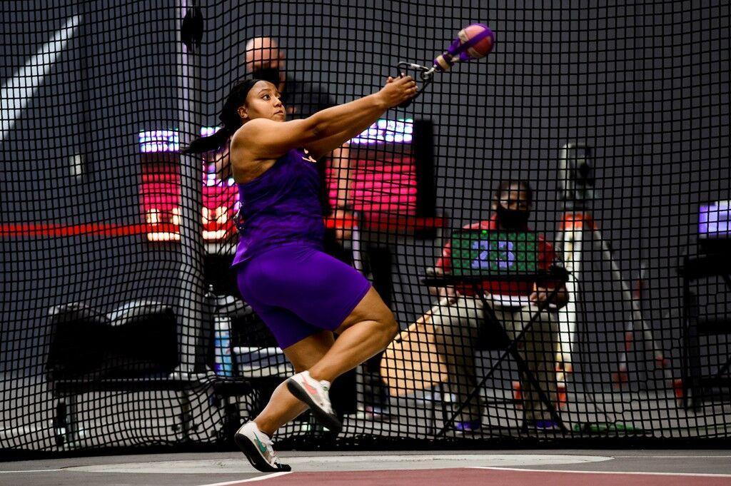 Freshman Monique Hardy competes in the weight throw at the Woo Pig Classic on Jan. 23, 2021.&#160;