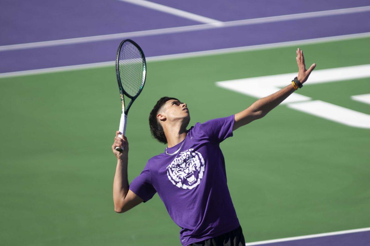 LSU men&#8217;s tennis freshman Joao Graca serves the ball Sunday, Feb. 7, 2021 during LSU&#8217;s 2-5 loss against Tulane in the LSU Tennis Complex on Gourrier Avenue in Baton Rouge.