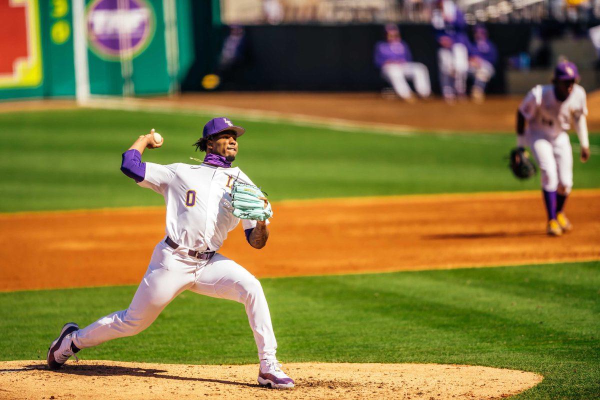 LSU baseball junior right-handed pitcher Jaden Hill (0) pitches Saturday, Feb. 20, 2021 during LSU's 6-1 win over Air Force at Alex Box Stadium on Gourrier Avenue in Baton Rouge, La.