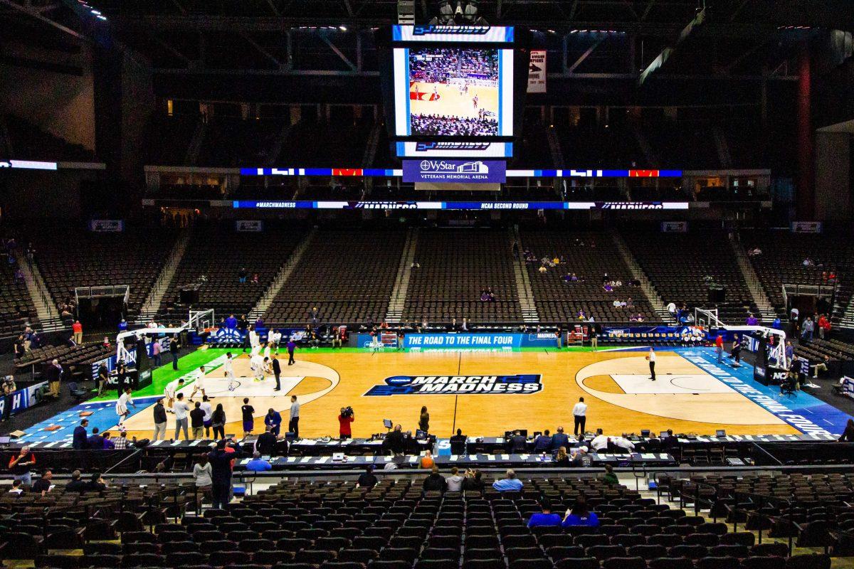 <p>The LSU basketball team warms up before their game against Maryland on Saturday, March 23, 2019, in Jacksonville Veterans Memorial Arena. </p>