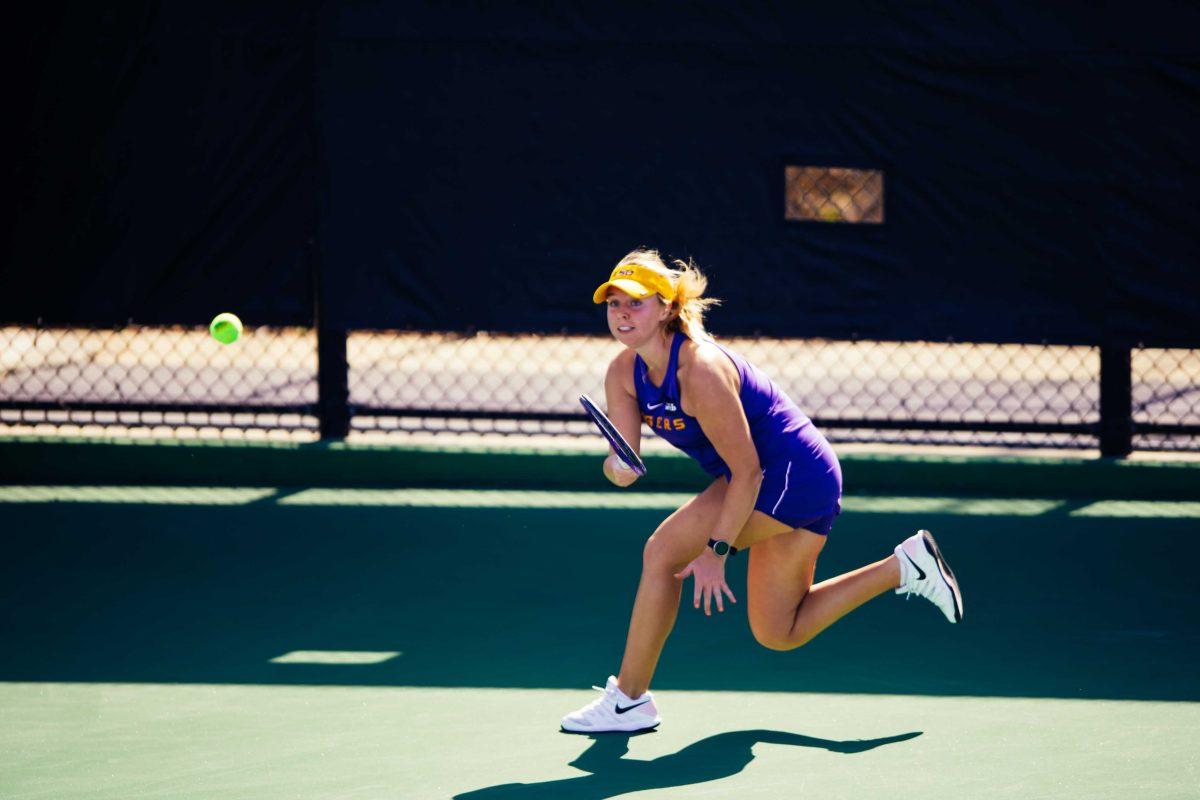 LSU women's tennis senior Eden Richardson hits the ball Sunday, Jan. 31, 2021 during LSU's 4-0 win over Rice at the LSU Tennis Complex on Gourrier Avenue in Baton Rouge, La.