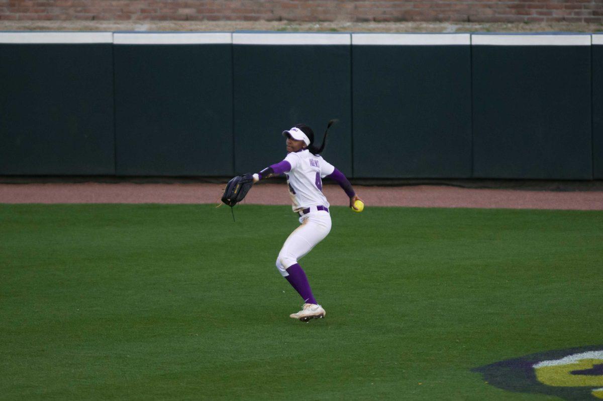 <p>LSU softball senior outfielder Aliyah Andrews (4) throws the ball Saturday, Feb. 27, 2021 during LSU's 3-2 win over UL-Lafayette at Tiger Park on Skip Bertman Drive in Baton Rouge.</p>