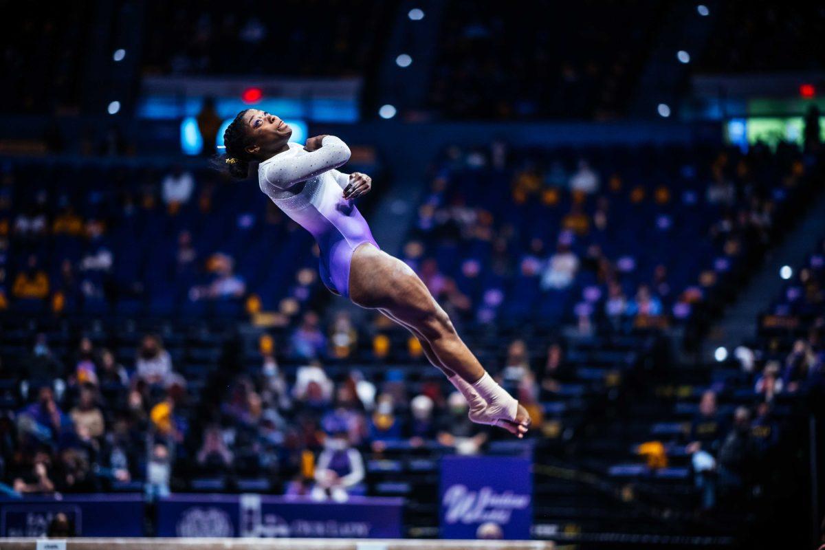 LSU gymnastics sophomore all-around Kiya Johnson Friday, March 3, 2021 during LSU's 197.875-196.175 win over Missouri in the Pete Maravich Assembly Center on N. Stadium Drive in Baton Rouge, La.