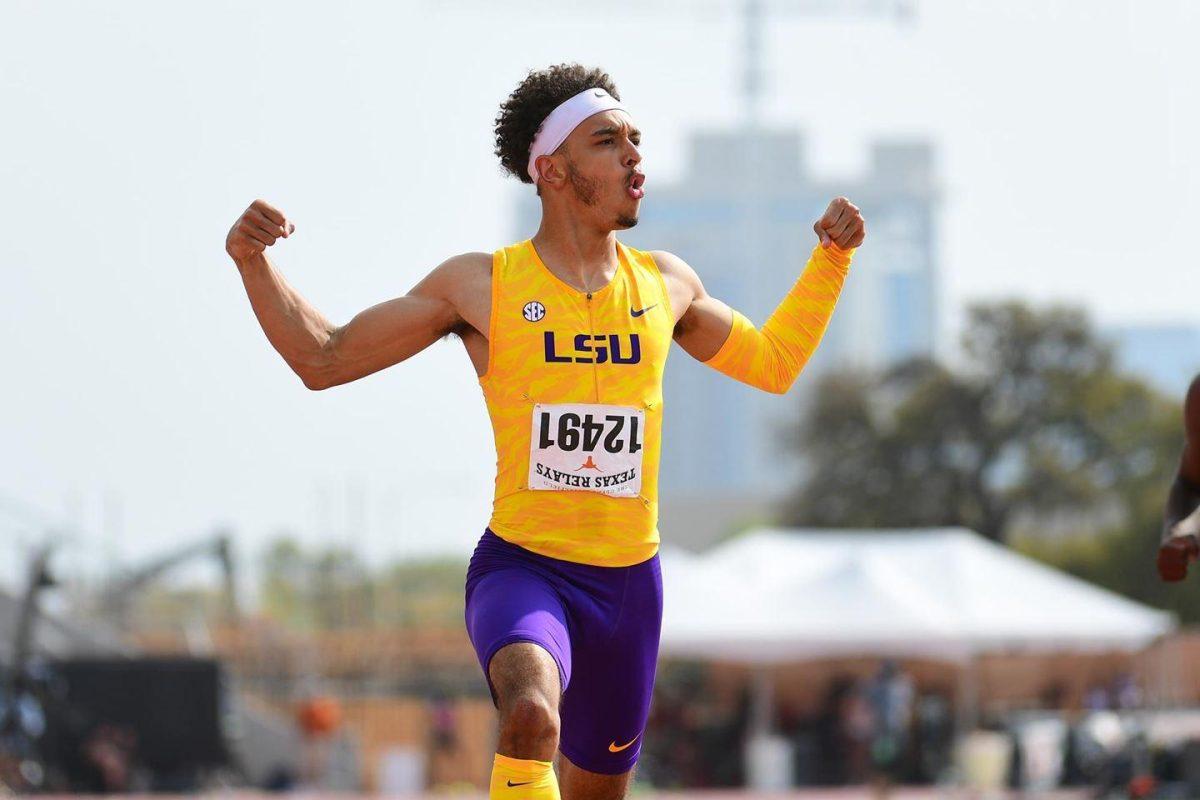 Terrance Laird crosses the finish line after making Texas Relay history in the 200-meter dash on March 28, 2021, in Austin, Texas. Courtesy LSU Athletics